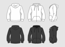 Black And White Sweatshirt Hoodie Template In Three Dimensions: Front, Side And Back View Vector. Clothes For Sport And Urban Style