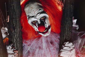 Wall Mural - Terrifying clown hiding behind trees outdoors at night, closeup. Halloween party costume