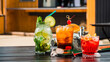 canvas print picture - Set of coctails on bar counter in a restaurant, pub. Collection of fresh juice alcoholic drinks