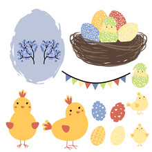 Easter Set With Nest With Eggs, Chicken With Little Chick And Flags. Happy Easter Greetings Text. Design For Title For The Site ,banner, Poster, Card, Paper Print, Postcard, Background