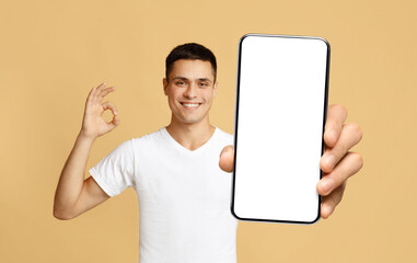 Smiling guy showing white empty smartphone screen and ok sign