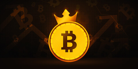 Poster - Bitcoin with Golden Crown on 3D Rendered Surface with Abstract Cryptocurrency background.