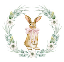 Watercolor Illustration Easter Card With Bunny, Flowers, Leaves, Wreath. Isolated On White Background. Hand Drawn Clipart. Perfect For Card, Postcard, Tags, Invitation, Printing, Wrapping.