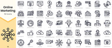Simple Outline Set Of Online Marketing Icons. Thin Line Collection Contains Such Icons As Synchronizing, Target Audience, Analytics, Web Crawler, Sitemap And More