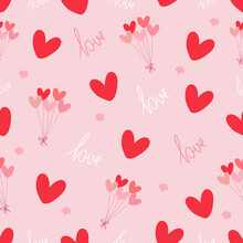 Valentine's Day Seamless Pink Pattern Background With Love, Heart And Balloon Decorations. Vector Illustration.