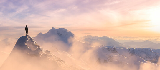 adult adventurous woman standing on top of a snow peak. winter wonderland. 3d rendering mountain adv