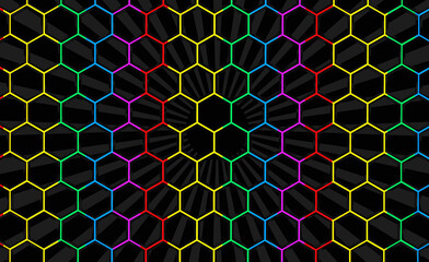 Poster - 3d rendering. Lgbt rainbow color flag light on hexagon pattern mesh wall background.