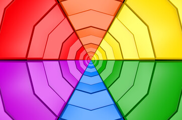 Poster - 3d rendering. LGBT rainbow grid pieces composed to hexagonal wall background.