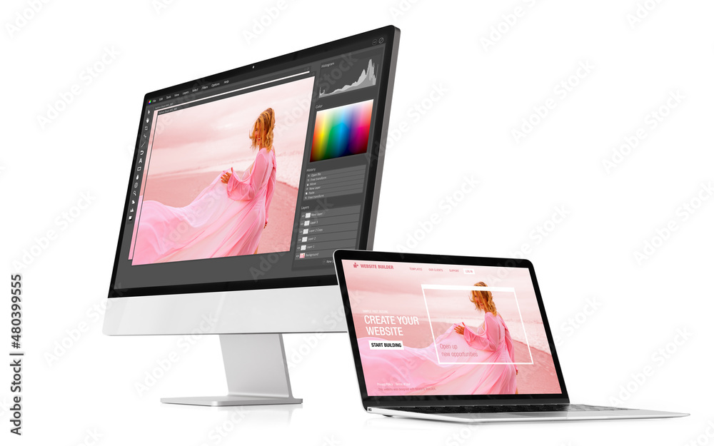 Modern desktop and laptop computers with sample software interfaces on ...