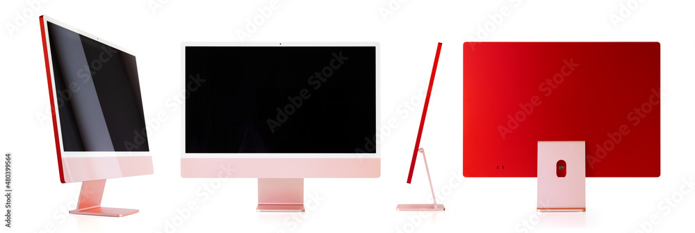 Mockup of modern desktop computer, side, front and back views Stock ...