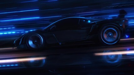 Poster - Speeding Sports Car On Neon Highway. Powerful acceleration of a supercar on a night track with colorful lights and trails. 3d animation