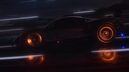 Poster - Speeding Sports Car On Neon Highway. Powerful acceleration of a supercar on a night track with colorful lights and trails. 3d animation
