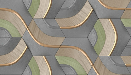 Wall Mural - 3D illustration.Geometric seamless 3D pattern in terrazzo gray and wood shapes with gold line elements. Hexagon geometric mosaic.