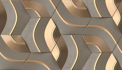Wall Mural - 3D illustration.Geometric seamless 3D pattern in brown and gold elements. Hexagon geometric mosaic.