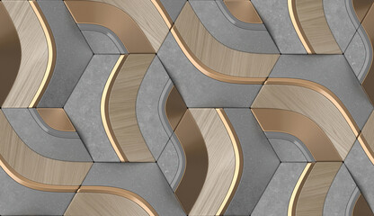 Wall Mural - 3D illustration.Geometric seamless 3D pattern in terrazzo gray and oak wood shapes with gold line elements. Hexagon geometric mosaic.