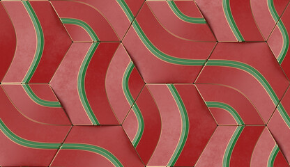 Wall Mural - 3D illustration.Geometric seamless 3D pattern in red and green shapes. Hexagon geometric mosaic.