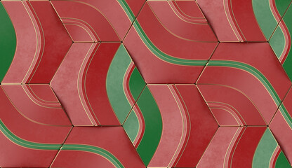 Wall Mural - 3D illustration.Geometric seamless 3D pattern in red and green shapes with gold edges. Hexagon geometric mosaic.