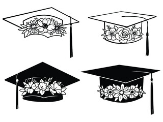 Set of graduation caps with flowers. Collection of educational headwear for graduation school, university. Vector illustration of design for t-shirts.