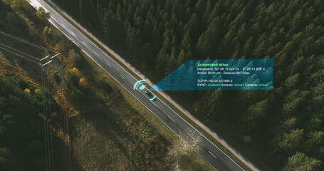 Autonomous Electric car driving on a forest highway with technology assistant tracking information, showing details. Visual effects clip