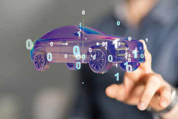 Poster - Man holding and touching holographic smart car