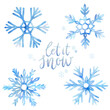 Set of hand painted blue watercolor snowflakes with handwritten Let it Snow.