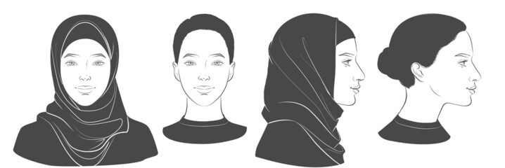 Wall Mural - Vector Arabian Muslim woman wearing hijab, niqab, chador, burqa dress and Abaya. Two dimension angles of Middle Eastern face portrait. Different view front, profile side view of a girl face in scarf