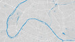 River map vector illustration. Seine river map, Paris city, France. Watercourse, water flow, blue on grey background road map.