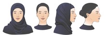 Vector Arabian Muslim Woman Wearing Hijab, Niqab, Chador, Burqa Dress And Abaya. Two Dimension Angles Of Middle Eastern Face Portrait. Different View Front, Profile Side View Of A Girl Face In Scarf