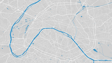 Wall Mural - River map vector illustration. Seine river map, Paris city, France. Watercourse, water flow, blue on grey background road map.