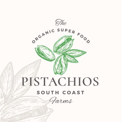 Wall Mural - pistachios logo template. hand drawn nuts sketch with retro typography. premium plant based vegan fo