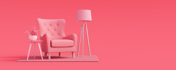 Wall Mural - Creative interior design in pink studio with armchair. Minimal color concept. 3d render 3d illustration