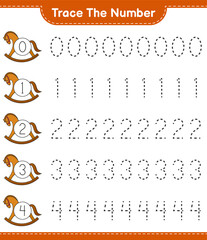 Trace the number. Tracing number with Rocking Horse. Educational children game, printable worksheet, vector illustration