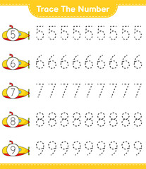 Trace the number. Tracing number with Submarine. Educational children game, printable worksheet, vector illustration