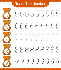 Trace the number. Tracing number with Teddy Bear. Educational children game, printable worksheet, vector illustration