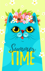 Cute card with blue cat character. Cat in a wreath of flowers, summer time poster