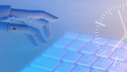 Aufkleber - Technology Background. Ai and Robot Hands with Keyboard network connection for Artificial intelligence Concept on Blue. copy space, digital -3d Rendering