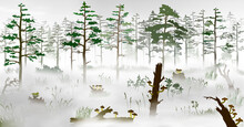 Swamp In The Fog In Front Of The Pine Tree Forest. Silhouette Vector Illustration Of The Bog With Fallen Trees, Fungus, Rotten Stumps, Mushrooms; Grass, Mist, Plants, Woods At Morining.