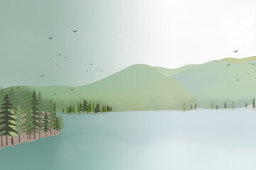 Fototapeta ilustracja krajobraz pastelowy góry jezioro choinki