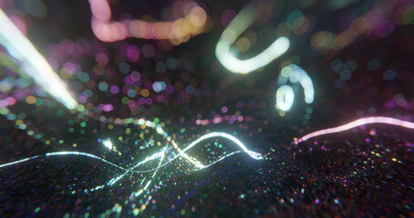 Poster - beautiful abstract glow light and glitter, sparkle in motion on black background.