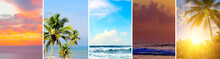 Panoramic View Of Tropical Beaches And Sky. Collage.Wide Photo.