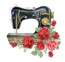 Watercolor vintage sewing composition with red rose.Sewing studio logo, retro fashion, Dressmaking Tailors Logo 