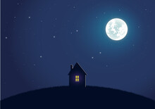 Silhouette House On Hill At Night. Illuminated By The Light Of The Full Moon. A Sky Full Of Stars.