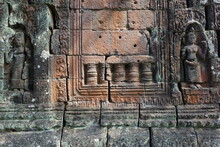 Close Up Of Stone Relief In The Impressive Khmer Ruin City Angkor Thom (horizontal Image), Siem Reap, Cambodia