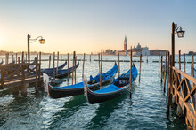 View Of The Island San Giorgio Maggiore And Gondolas At Sunrise, Venice, Italy