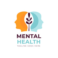 Vector flat psyhologic Mental Health logo in modern colors, the head with leaves 
growing on mind, isolated. 