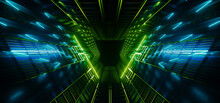 Triangle Neon Laser Fluorescent Purple Green Blue Glowing Sci Fi Futuristic Warehouse Hangar  Spaceship Realistic Showroom Steel Metal Frame Corridor Tunnel Dark Underground Basement 3D Rendering