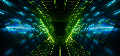 Poster - Triangle Neon Laser Fluorescent Purple Green Blue Glowing Sci Fi Futuristic Warehouse Hangar  Spaceship Realistic Showroom Steel Metal Frame Corridor Tunnel Dark Underground Basement 3D Rendering