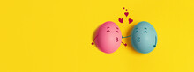 Couple In Love Eggs On Yellow Background. Natural Healthy Organic Food. Top View, Flat Lay, Copy Space. Cute Love Sale Banners Or Greeting Card