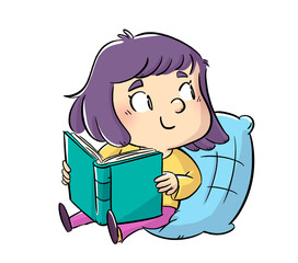 Canvas Print - Illustration of a little girl sitting on a cushion reading a book