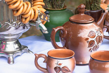 Tea Set Of Dishes, Samovar, Teapot, Cups.